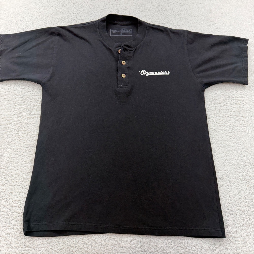 VTG Union Line Skycoasters Henley Shirt Black Short Sleeve Button Up Men's M